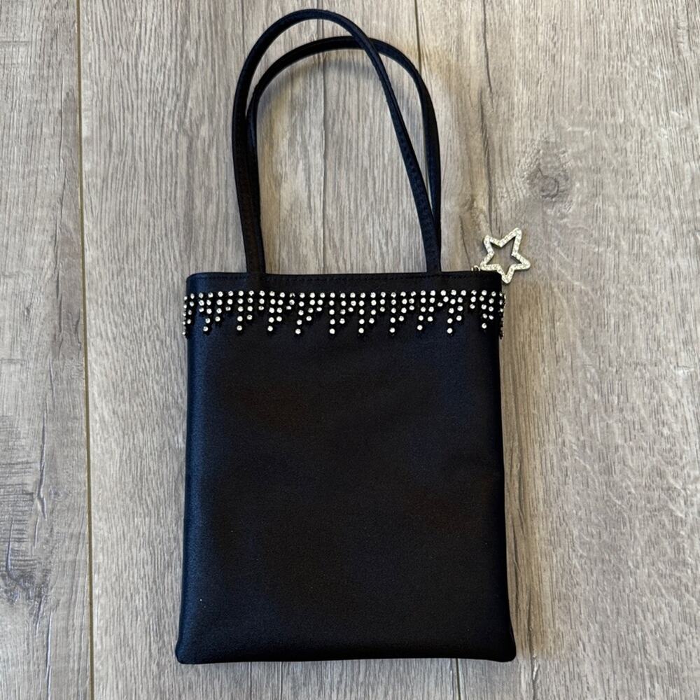 Y2K Nine West Black Satin Mini Tote Rhinestone Zip Top Mini Bag Coquette Girl